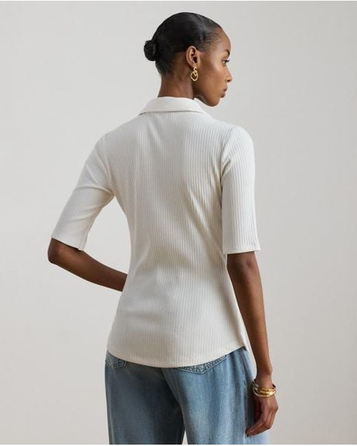 Ralph Lauren White Rib-Knit Elbow-Sleeve Polo Tee