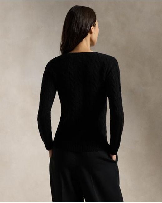 Ralph Lauren Black Cable-Knit Wool-Cashmere V-Neck Sweater