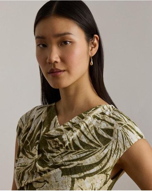 Ralph Lauren Metallic Palm-Frond-Print Jersey Cowlneck Dress