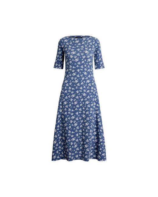 Ralph Lauren Blue Floral Stretch Cotton Midi Dress