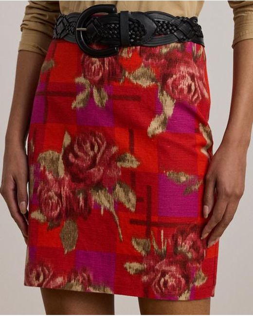 Ralph Lauren Red Geblümter Bleistift-Minirock Mit Leinen