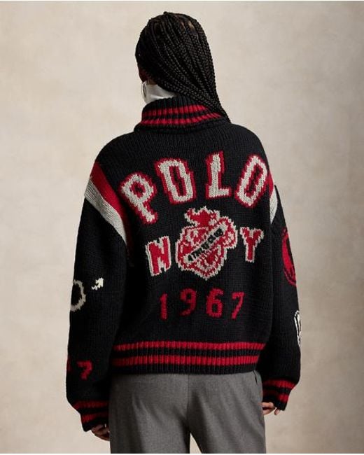 Polo Ralph Lauren Black Wool-Blend Letter Zip Cardigan