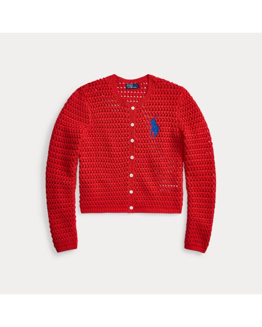 Polo Ralph Lauren Red Big Pony Crocheted Cotton Cardigan