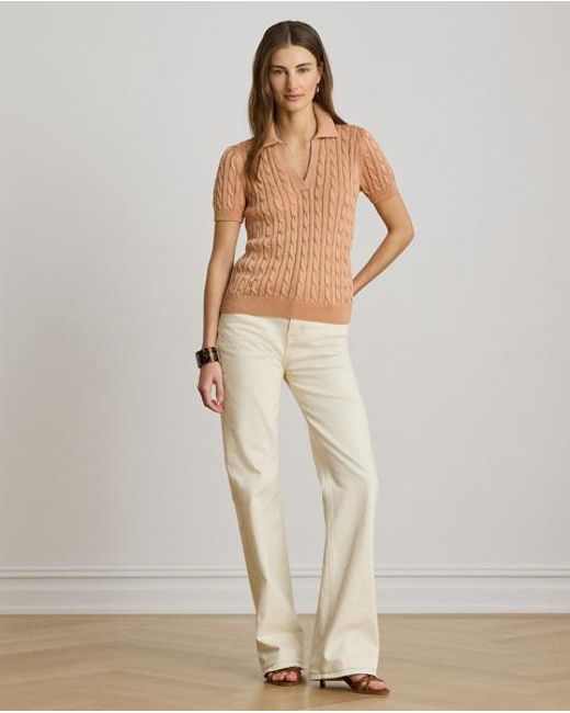 Ralph Lauren Brown Cable Cotton-Blend Short-Sleeve Sweater