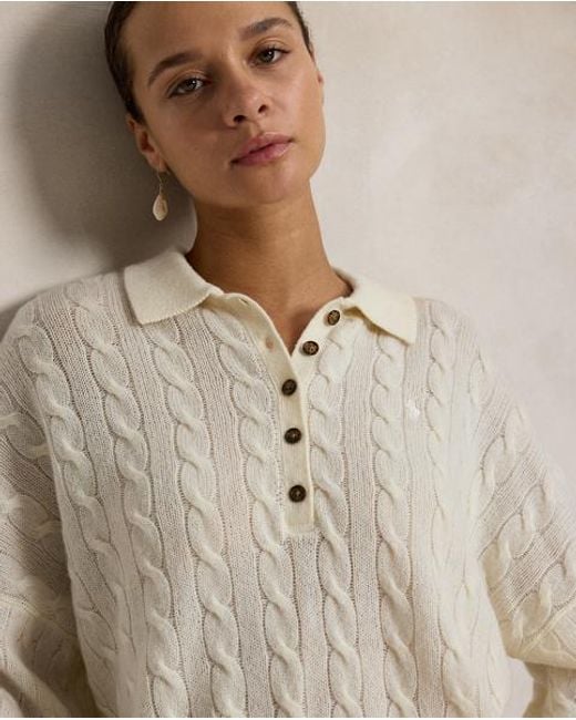 Polo Ralph Lauren White Cable Wool-Cashmere Polo-Collar Jumper