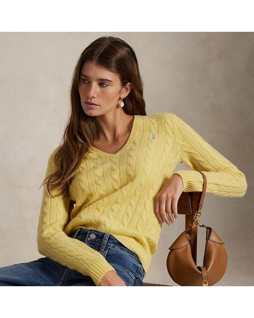 Polo Ralph Lauren Wollen-Kasjmier Kabeltrui Met V-Hals in het Yellow
