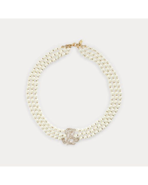 Ralph Lauren Metallic Plated Faux-Pearl Logo Necklace