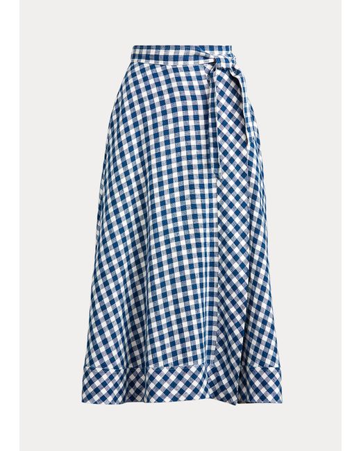Polo Ralph Lauren Blue Gingham Linen Wrap Skirt