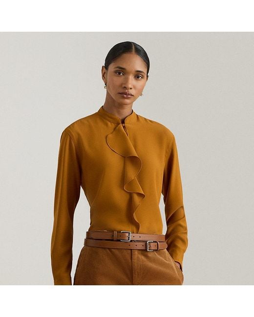 Ralph Lauren Brown Ralph Lauren Ruffle-Trimmed Georgette Tunic