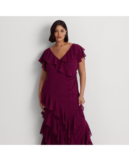 Lauren by Ralph Lauren Purple Ralph Lauren Ruffle-trim Crinkle Georgette Gown