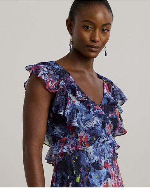 Ralph Lauren Blue Ralph Lauren Print Ruffle-Trim Georgette Midi Dress