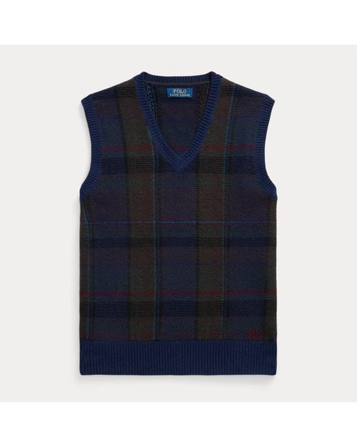 Ralph Lauren Blue Plaid Wool-Cotton Sweater Vest for men