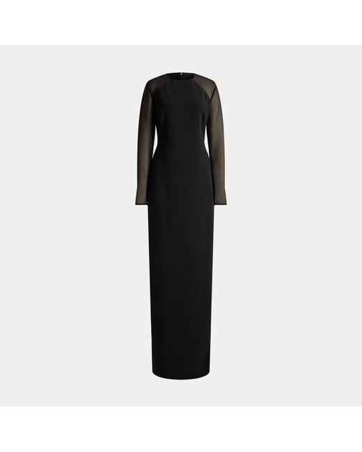 Ralph Lauren Black Georgette-Trim Crepe Long-Sleeve Gown