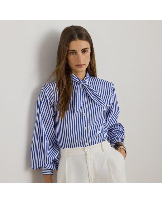 Ralph Lauren Blue Striped Cotton Broadcloth Tie-Neck Shirt