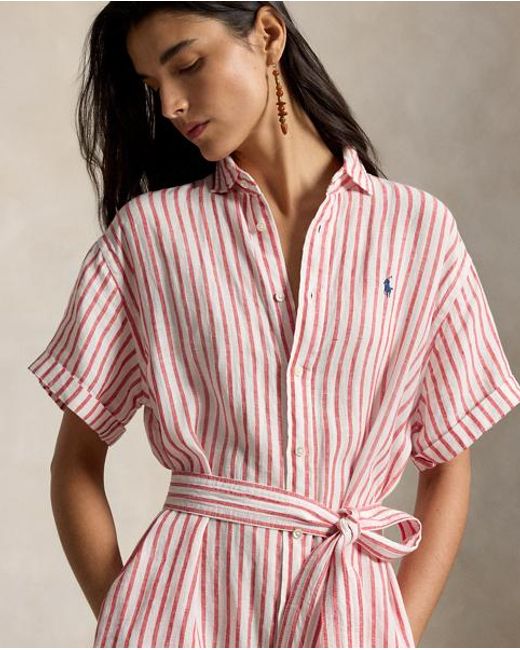 Polo Ralph Lauren Pink Short-Sleeved Striped Linen Shirt Dress