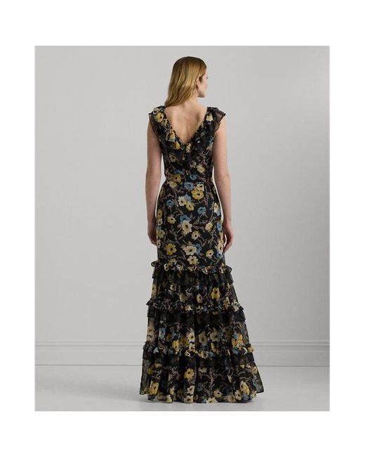 Lauren by Ralph Lauren Gray Floral Ruffle-trim Georgette Gown