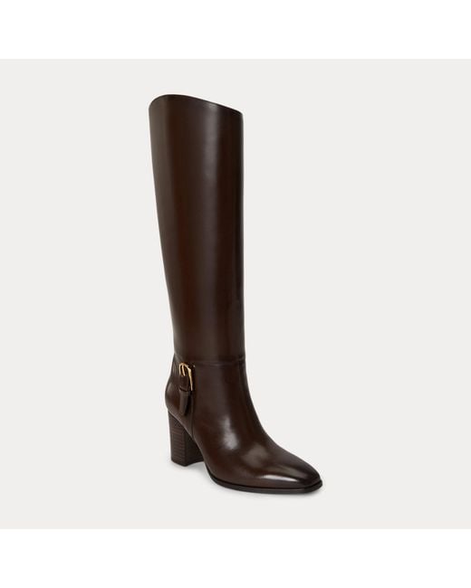 Ralph Lauren Brown Raelynn Glazed Leather Tall Boot Heel