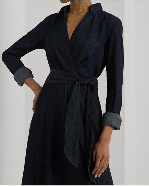 Ralph Lauren Denim Midi-Jurk Met Lange Mouwen in het Blue