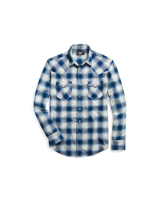 RRL Blue Slim Fit Plaid Western Shirt for men