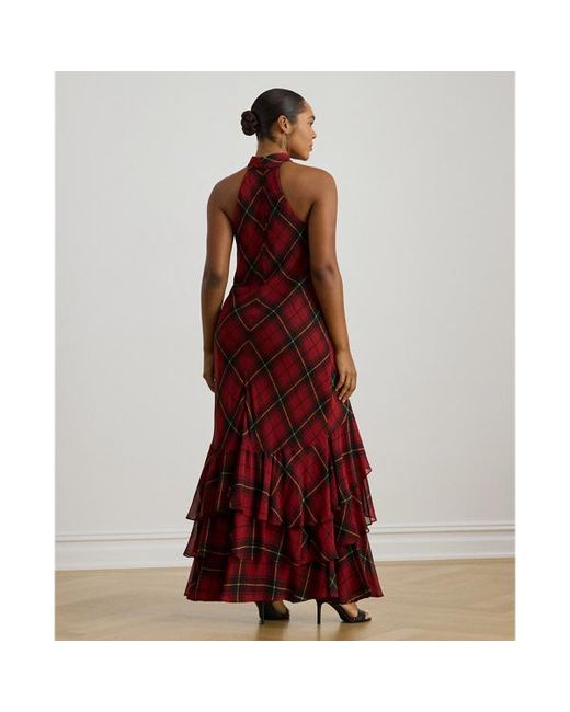 Ralph Lauren Ralph Lauren Plaid Georgette Tiered Tie-Neck Gown