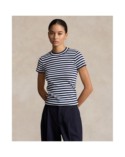 Polo Ralph Lauren Blue Striped Ribbed Cotton Crewneck T-shirt