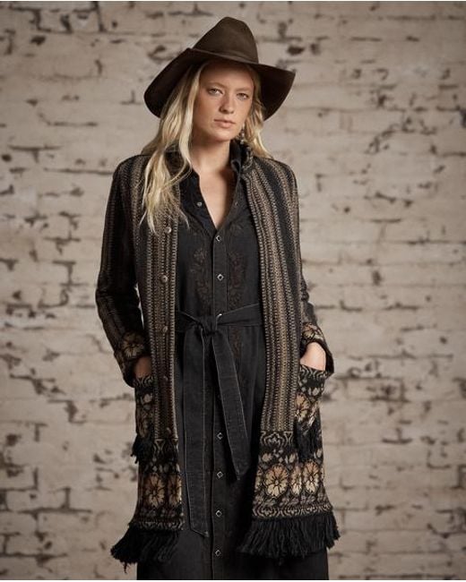 RRL Black Wool-Silk Jacquard Duster Cardigan