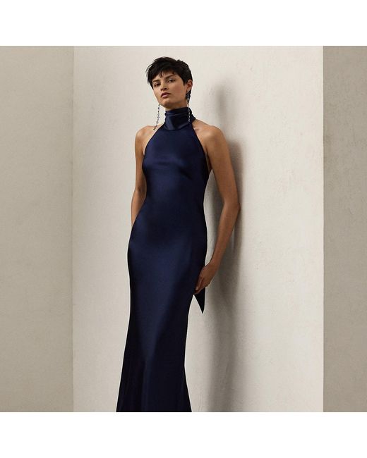 Ralph Lauren Blue Chilton Stretch Satin Evening Dress
