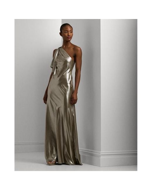 Ralph Lauren Gray Metallic Chiffon One-shoulder Gown