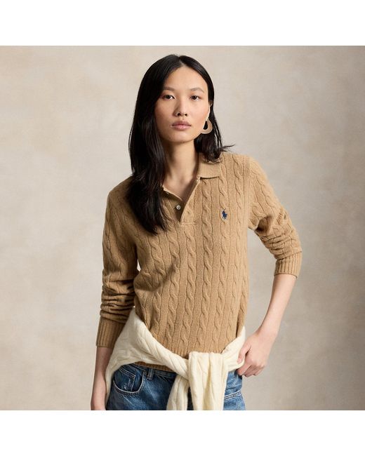 Polo Ralph Lauren Brown Cable-Knit Wool-Cashmere Polo Jumper