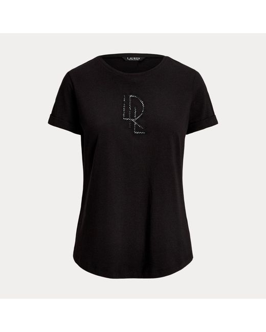 Lauren by Ralph Lauren Black Jersey-T-Shirt mit Perlenlogo