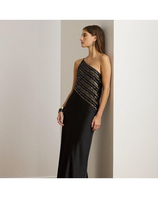 Ralph Lauren Black Beaded Mesh & Satin One-Shoulder Gown