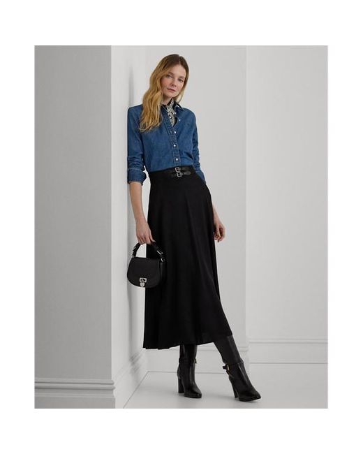 Lauren by Ralph Lauren Blue Buckle-trim Twill Midi Skirt