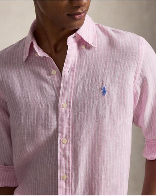 Polo Ralph Lauren Pink Custom Fit Striped Linen Shirt for men