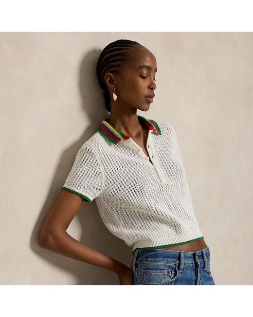 Polo Ralph Lauren White Striped-Collar Pointelle Polo Shirt