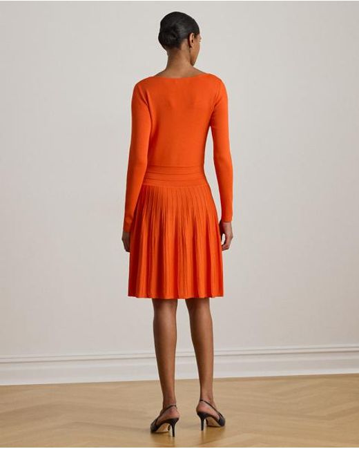 Ralph Lauren Red Pleated Fit-And-Flare Boatneck Dress