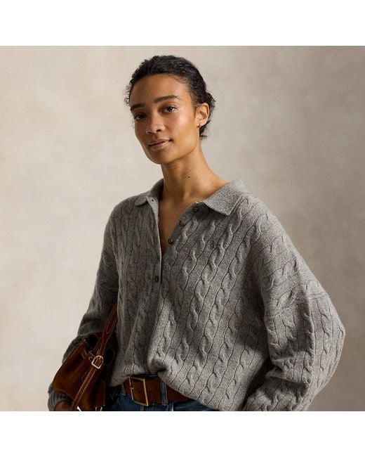 Polo Ralph Lauren Gray Cable Wool-Cashmere Polo-Collar Jumper