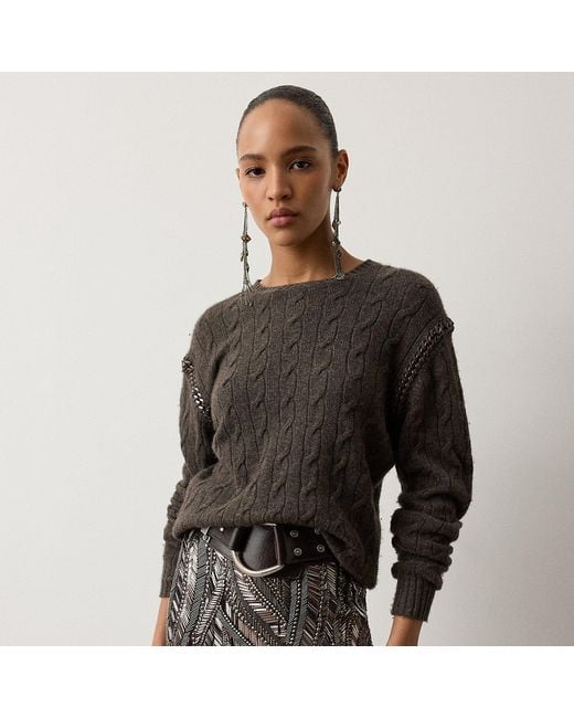 Ralph Lauren Black Chain-Trim Cable Cashmere Sweater
