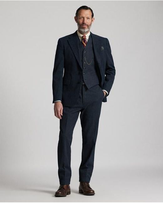 RRL Blue Striped Herringbone Waistcoat for men