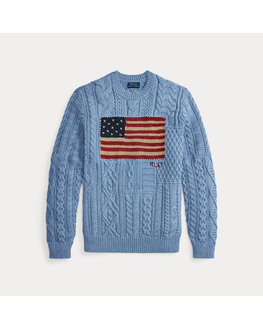 Ralph Lauren Blue Aran-Knit Flag Jumper for men