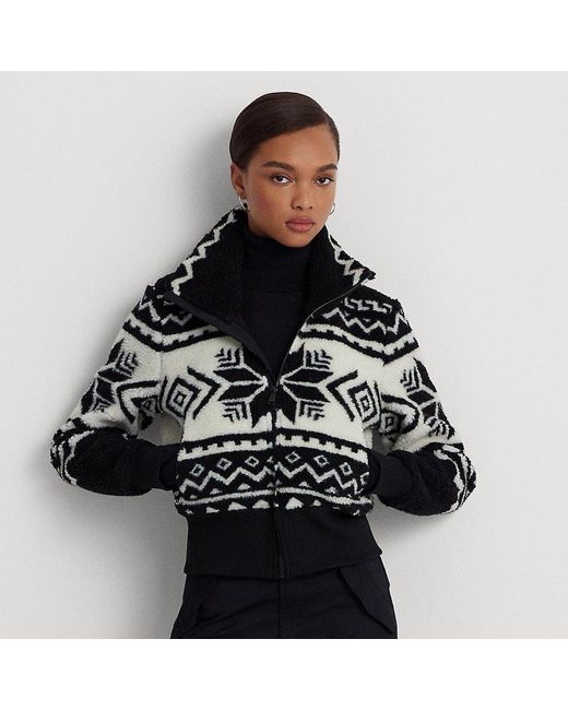 Ralph Lauren Black Fair Isle Jacquard Fleece Mockneck Coat