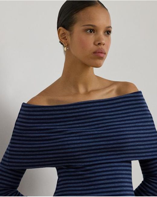 Ralph Lauren Blue Striped Rib-Knit Off-The-Shoulder Dress