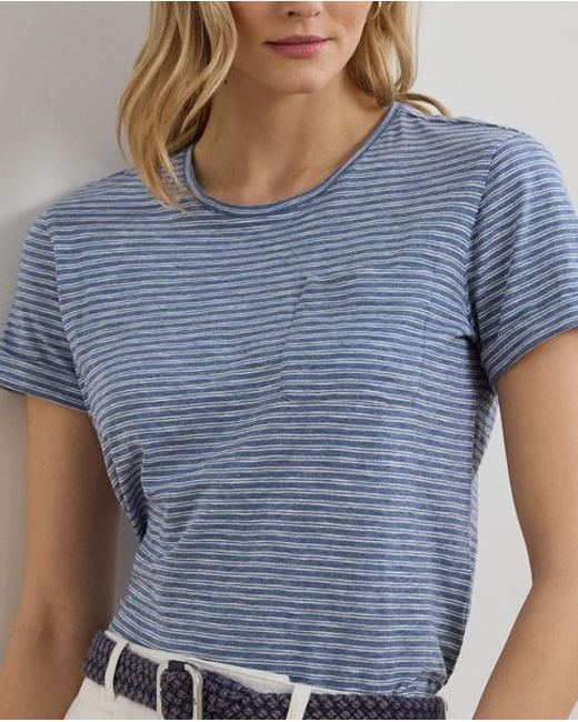 Ralph Lauren Blue Striped Cotton Slub Jersey Pocket Tee