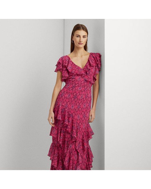 Lauren by Ralph Lauren Pink Ralph Lauren Geo-print Ruffle-trim Georgette Gown
