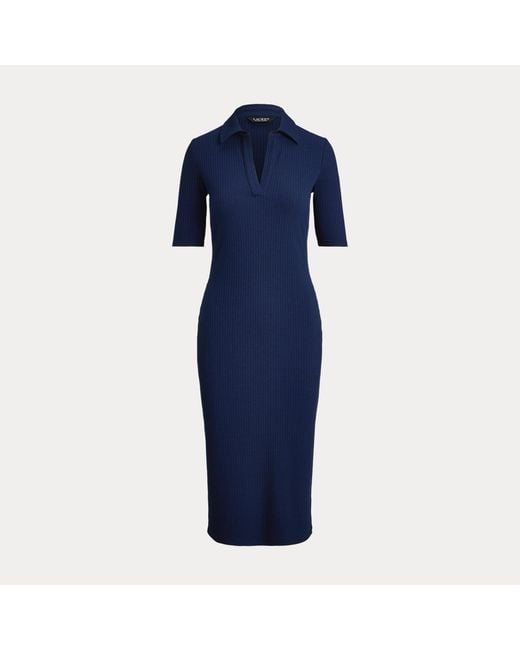 Ralph Lauren Blue Rib-Knit Elbow-Sleeve Polo Dress