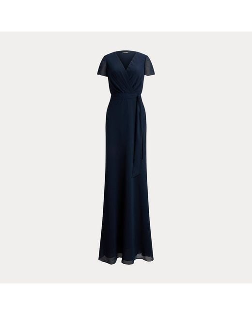 Ralph Lauren Blue Belted Crinkle Georgette Gown