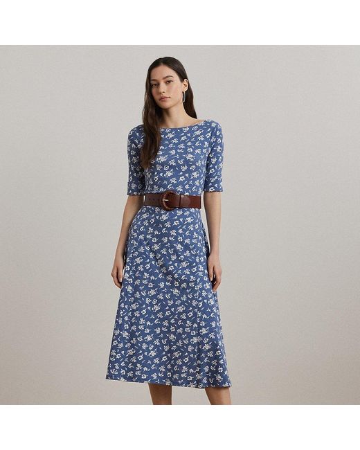 Vestido Midi De Algodón Elástico Floral Ralph Lauren de color Blue