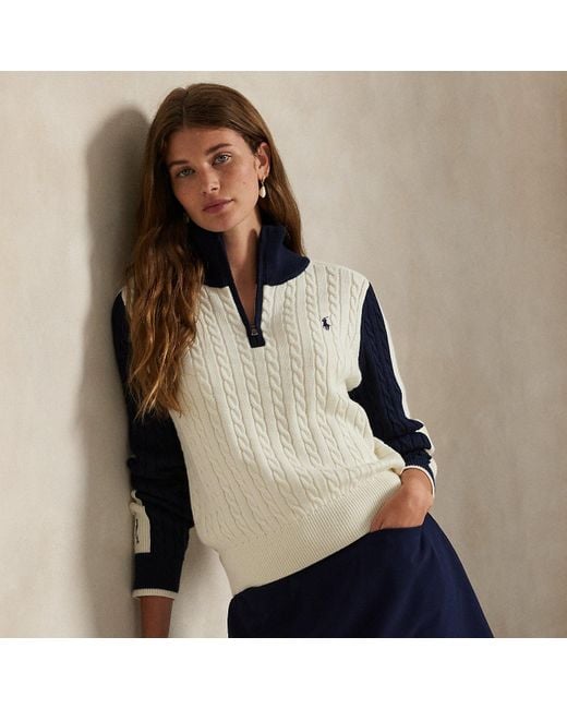 Ralph Lauren Natural Panelled Cable-Knit Quarter-Zip