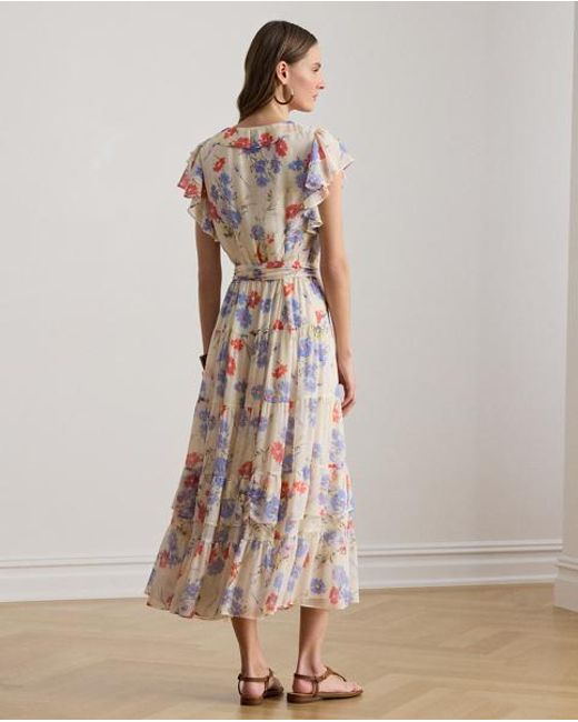 Ralph Lauren Natural Floral Belted Georgette Tiered Dress