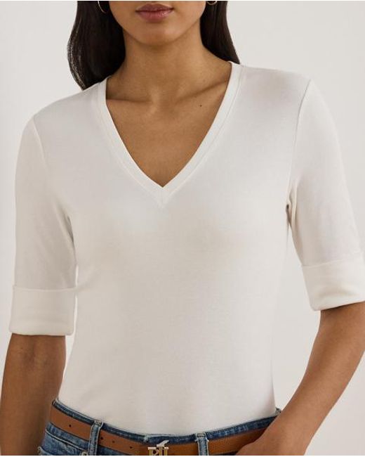 Ralph Lauren White Stretch Cotton Elbow-Sleeve V-Neck Tee