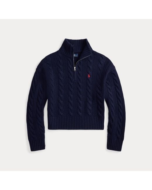 Polo Ralph Lauren Blue Cable Wool-Cashmere Half-Zip Sweater